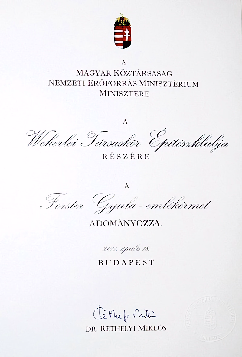 Forster-díj oklevél
